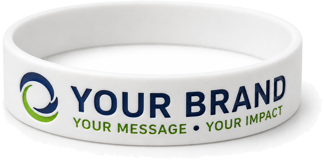 Custom debossed + colour fill silicone wristbands in several colours with printed logos and messages