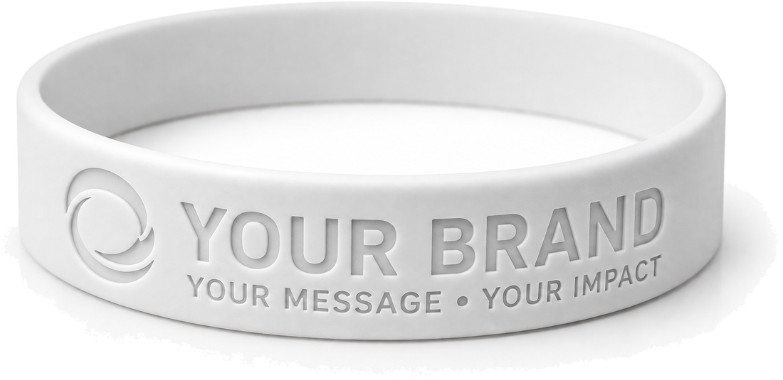 Custom debossed silicone wristbands in several colours with printed logos and messages