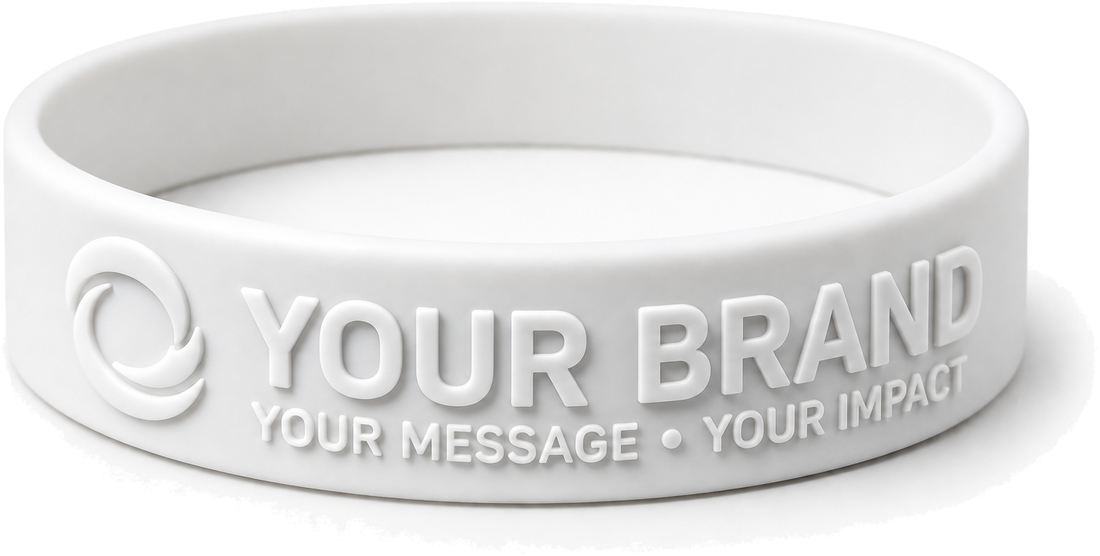 Custom embossed silicone wristbands in several colours with printed logos and messages
