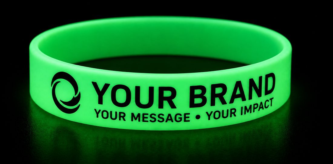 Custom glow-in-the-dark silicone wristbands in several colours with printed logos and messages